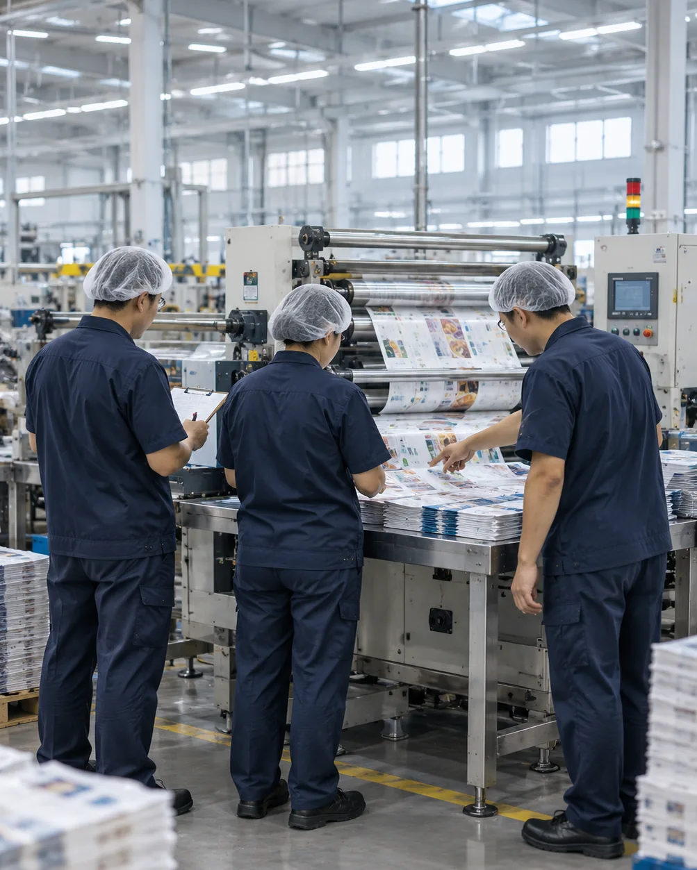 Production staff inspecting freshly printed packaging materials at the Tansox Quanzhou factory
