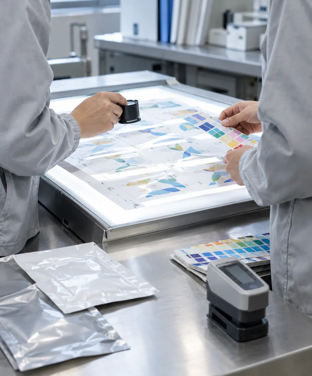Quality control staff comparing colour swatches against printed film samples at the Tansox Quanzhou facility