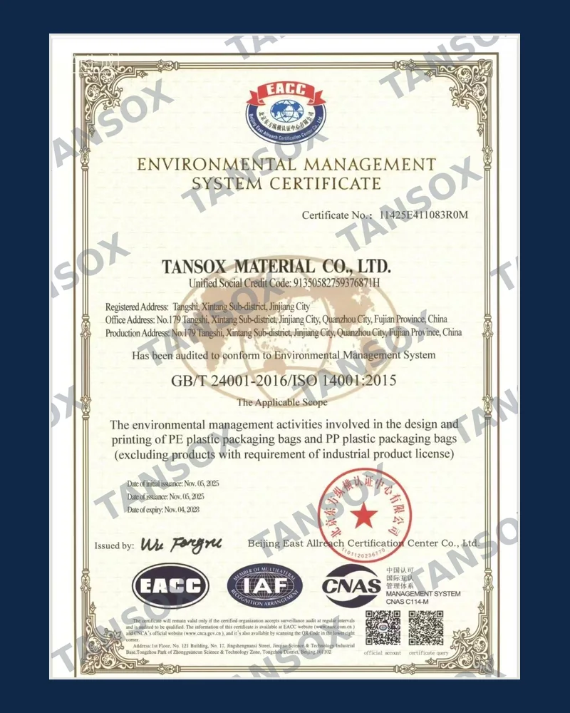 ISO 14001:2015 Environmental Management System certificate issued to Tansox Material Co., Ltd. by EACC