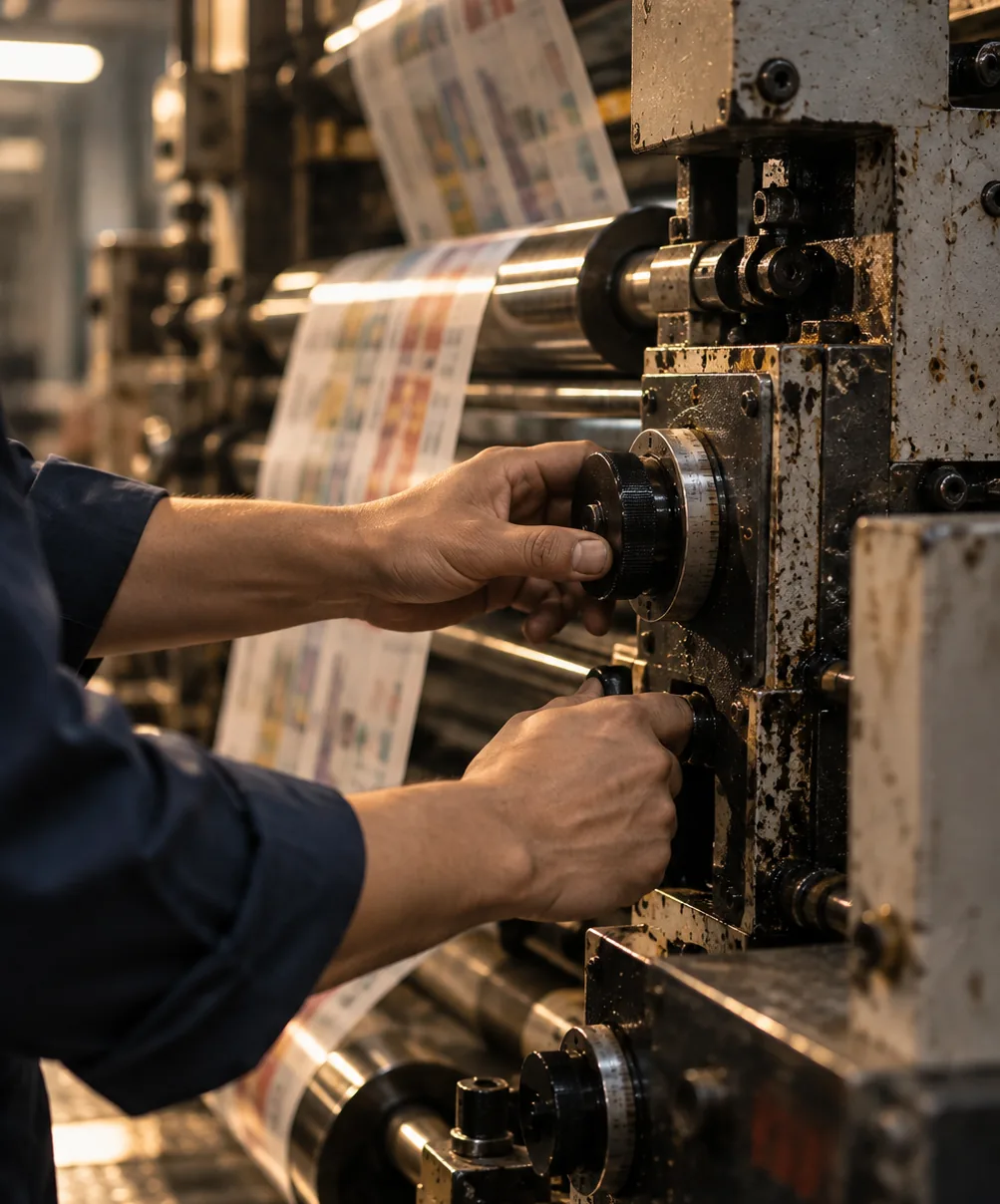 Technician adjusting print register controls on a printing press at the Tansox Quanzhou factory