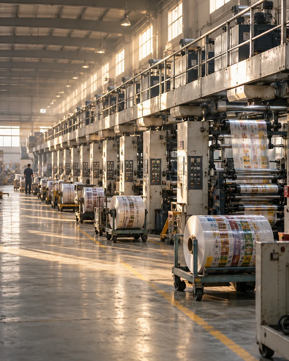Rotogravure printing presses running printed packaging film inside the Tansox Quanzhou factory
