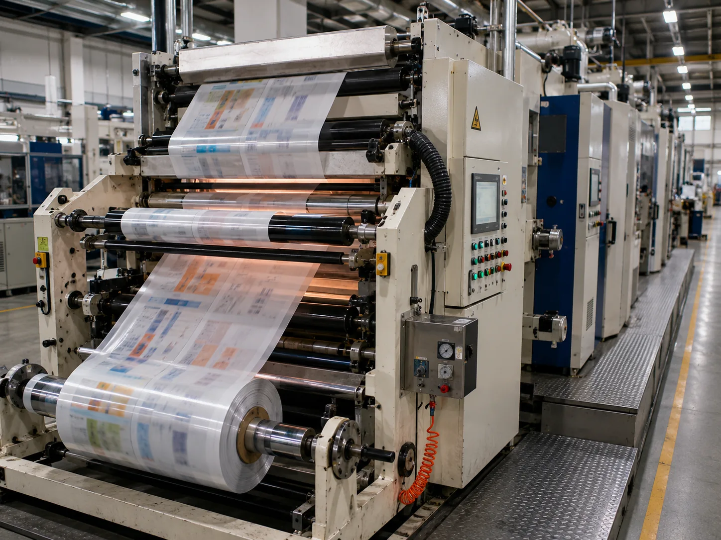 Production floor with printing and converting lines