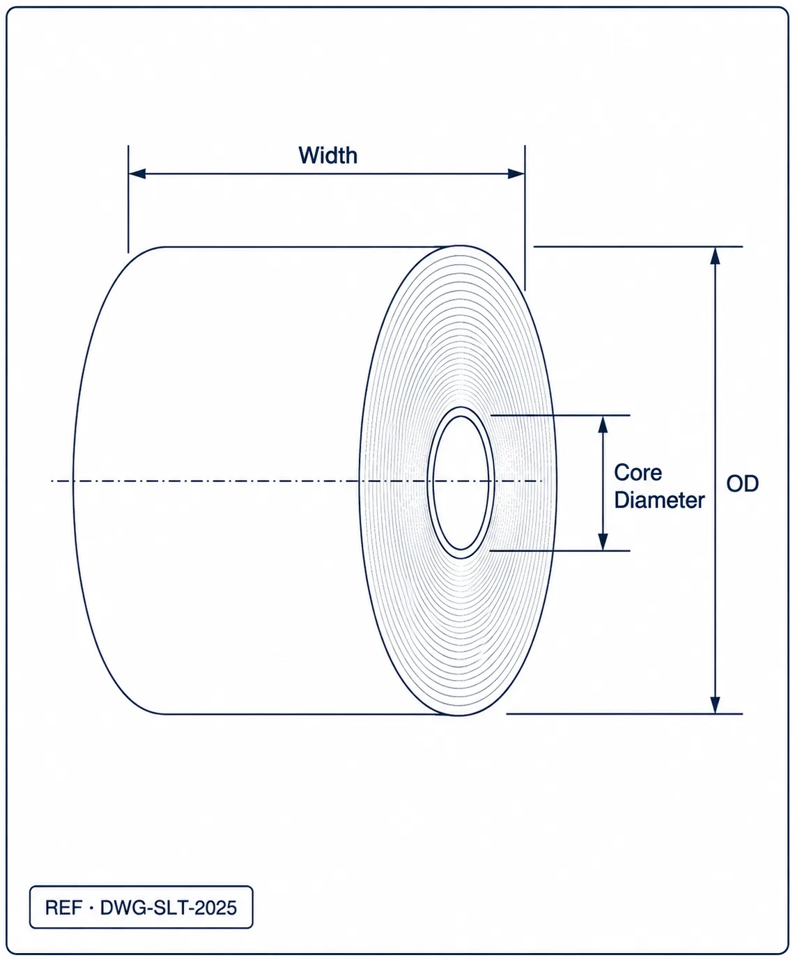 Technical drawing of a slit roll showing width, outer diameter and core dimensions