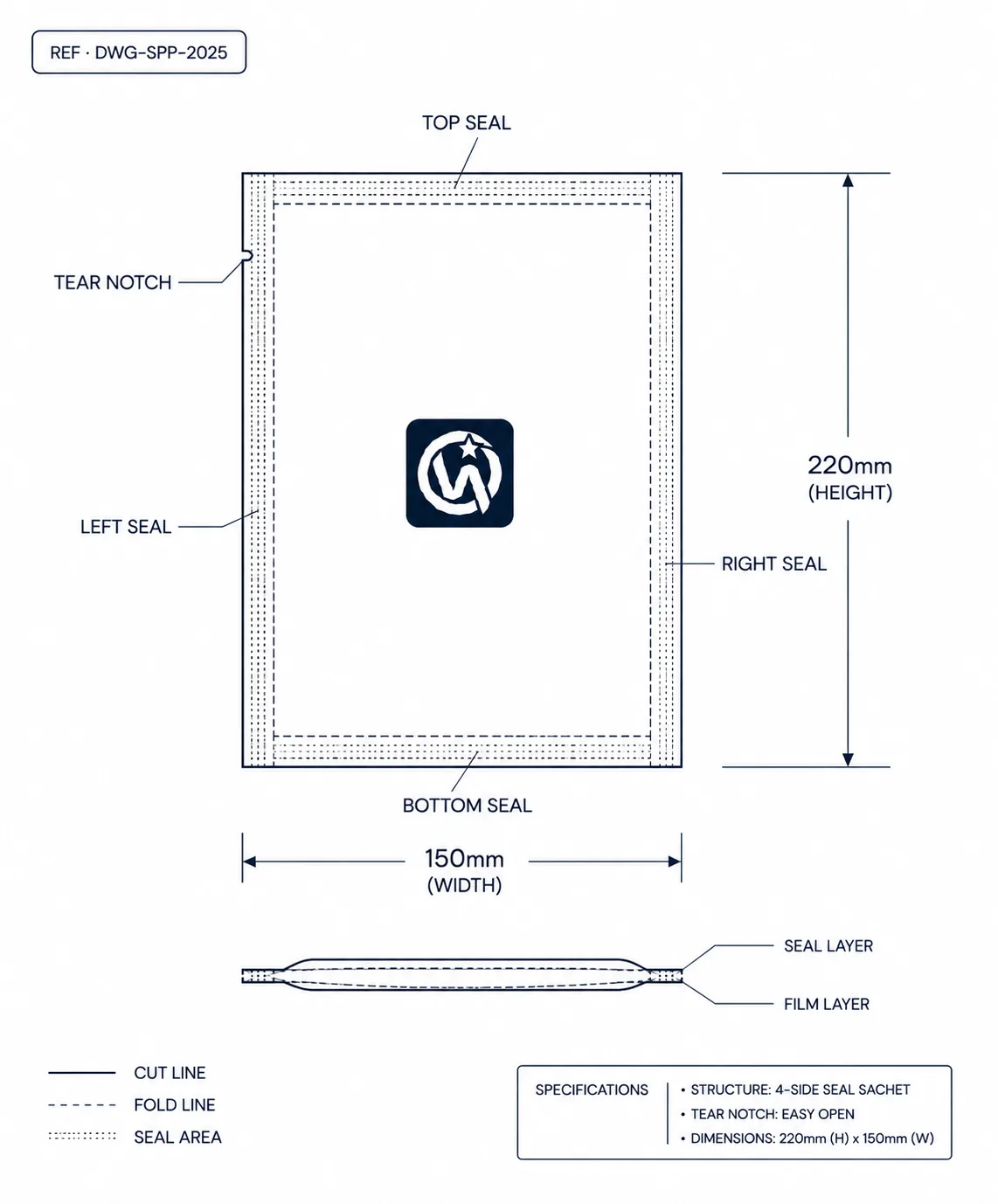 Technical construction diagram of sanitary pad bag showing dimension callouts and seal lines
