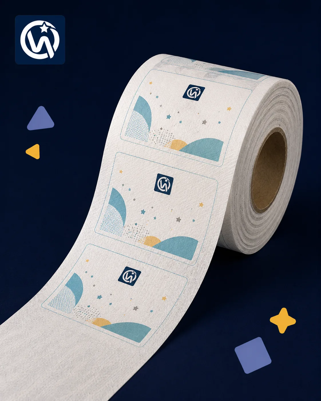 Custom front patch with pe film · flexo printed, up to 8 colours · reel format