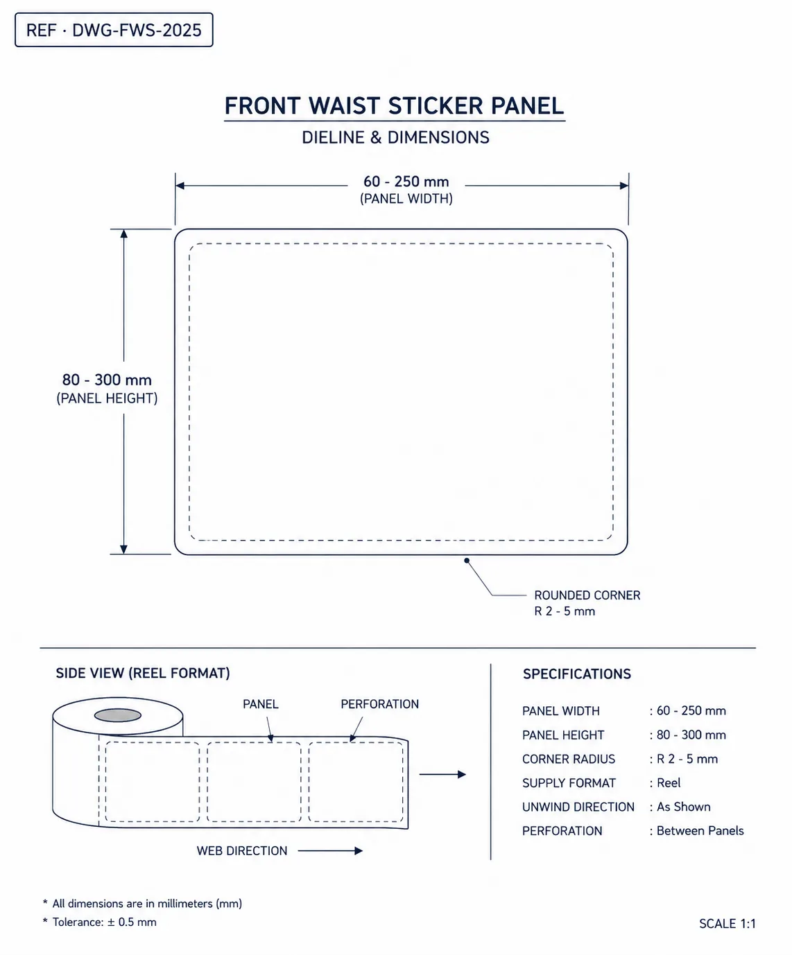 Technical construction diagram of front patch showing dimension callouts