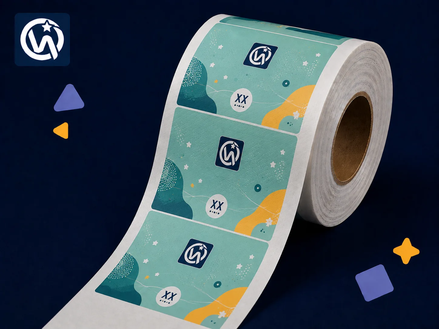 Coloured Base Front Patch — Brand-colour PE film base with overprinted design and size information