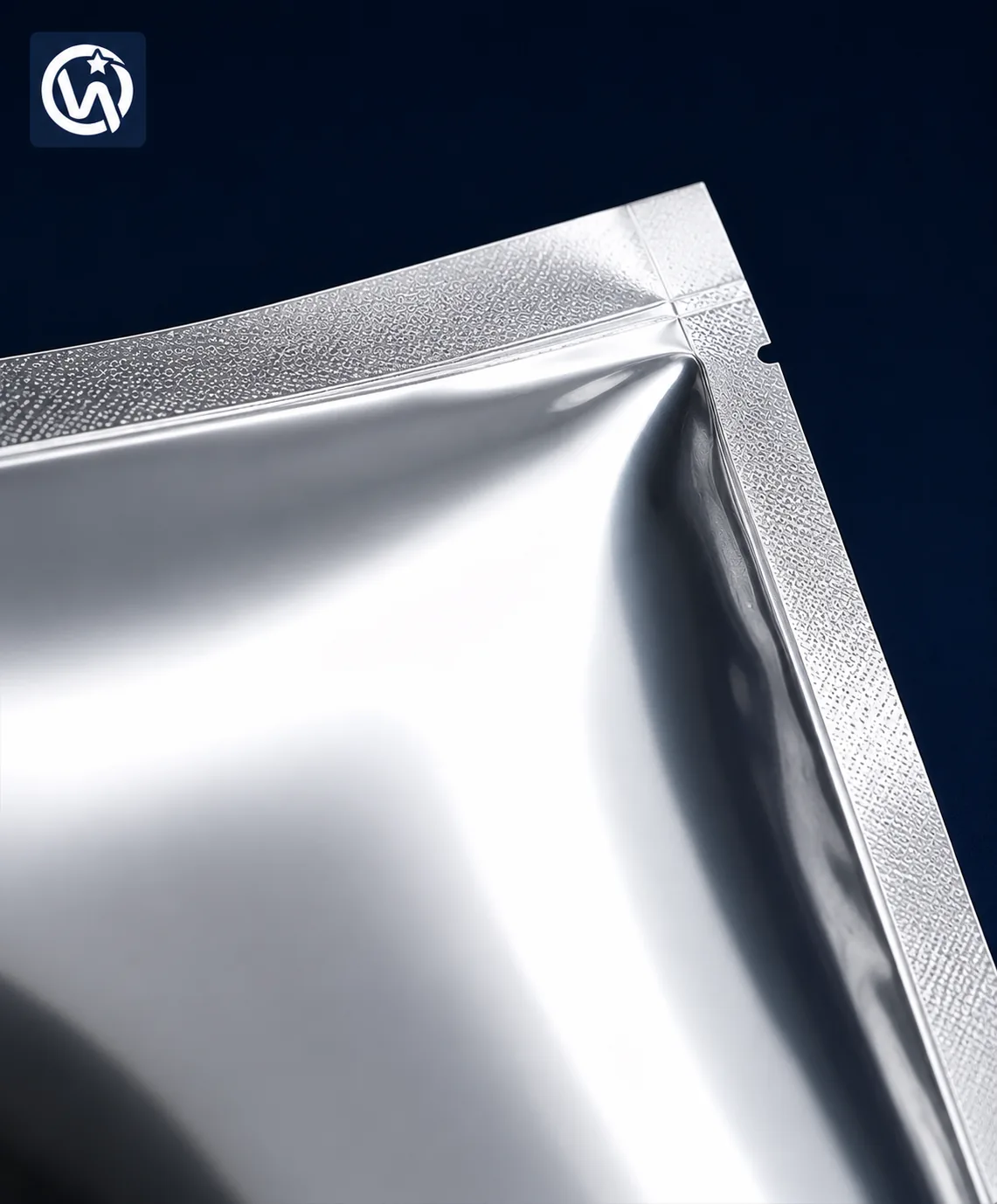Close-up texture detail of aluminized surface finish on flexible packaging film