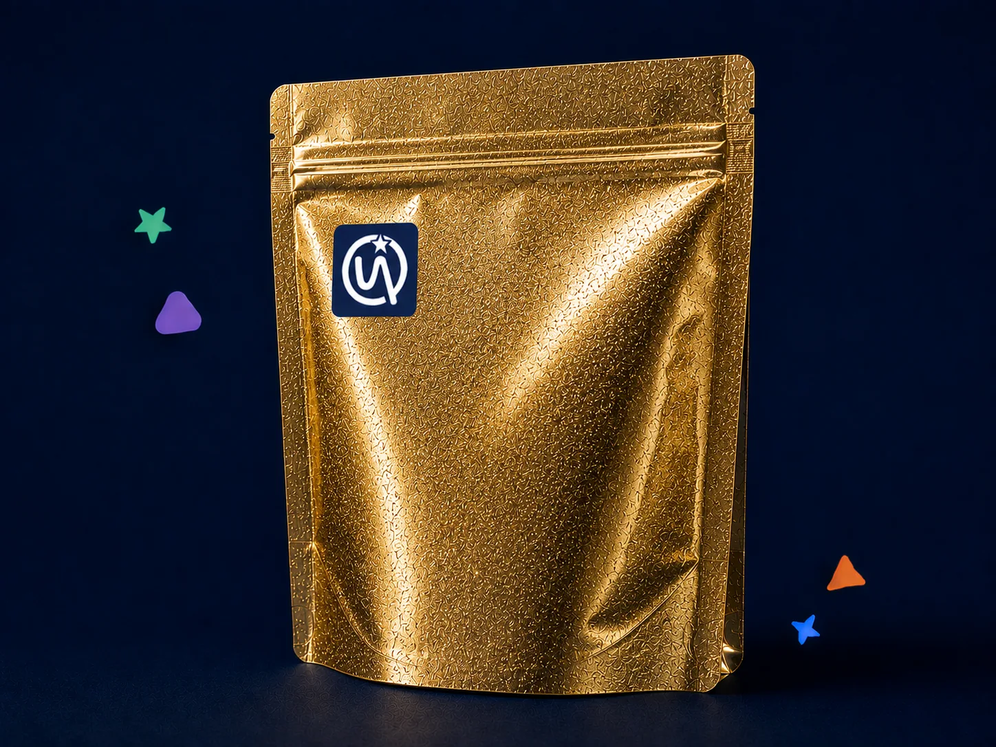 Mylar Bag — Foil laminate base with gold sand overlay for maximum visual impact