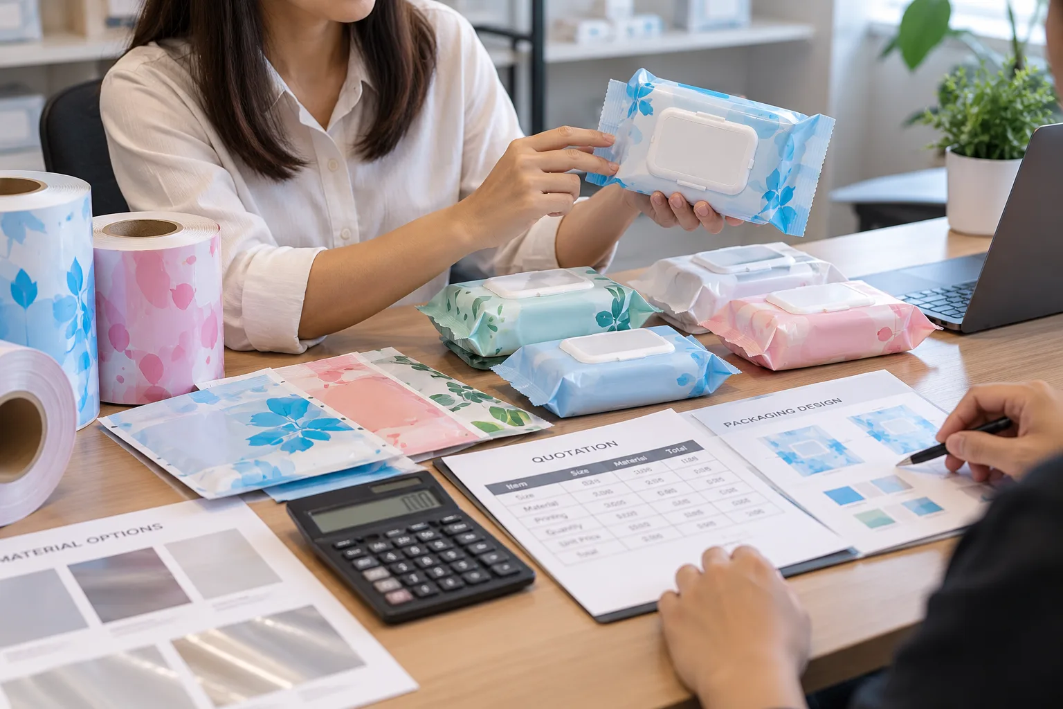 A packaging buyer compares printed pouch and bag samples on a meeting table next to a calculator.