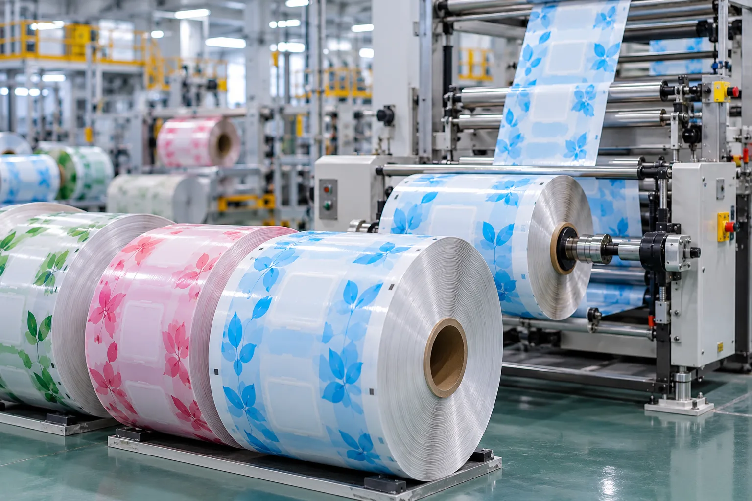 Rolls of printed plastic packaging film waiting on a factory production line.