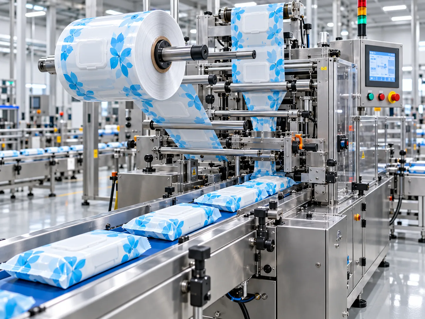 Wet wipes soft packs leaving a horizontal flow wrapping machine that is fed by a reel of printed film.