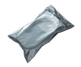 Grey and blank plastic postal mailing bags parcel envelope self seal courier pouches shipping postal packing isolated on white background.