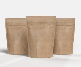 3D Realistic blank pouch bag craft paper mockup with zipper isolated. Ziplock bag product containers for presentation branding coffee, candy, spices, food pouch, snack sachet or resealable packaging