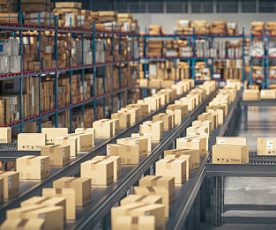 Rows of boxes move along a conveyor in a large, organized warehouse with high shelves filled with inventory