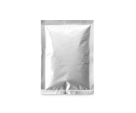 Aluminum bag containing chemicals isolated on white background.